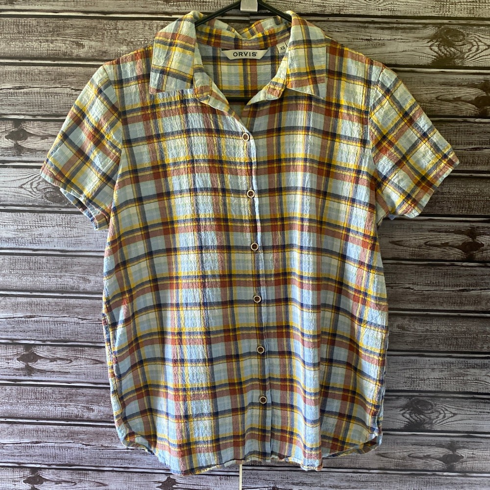 Orvis Women's Short-Sleeved Button-Down Top Size XS Blue Plaid Textured